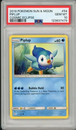 2019 Pokemon Sun & Moon Cosmic Eclipse Piplup #54 PSA 10 Pop 8 - Image 1