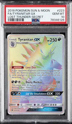 2018 POKEMON SUN & MOON LOST THUNDER SECRET #223 FULL ART/TYRANITAR GX PSA 10 - Image 1
