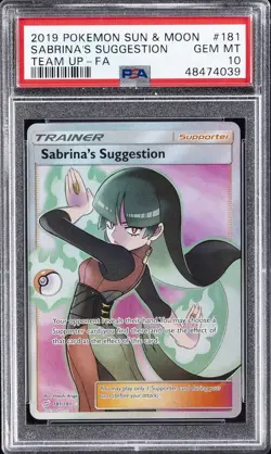 2019 POKEMON SUN & MOON TEAM UP #181 FULL ART/SABRINA'S SUGGESTION PSA 10 - Image 1