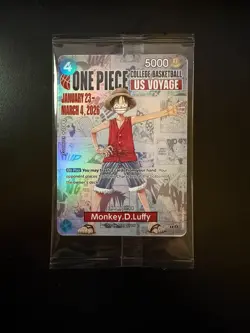 One Piece US Voyage College Basketball Luffy Promo Card - Sealed - In Hand - Image 1