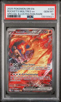 2025 POKEMON DRI EN-DESTINED RIVALS #229 TEAM ROCKET'S MOLTRES EX PSA 10 - Image 1
