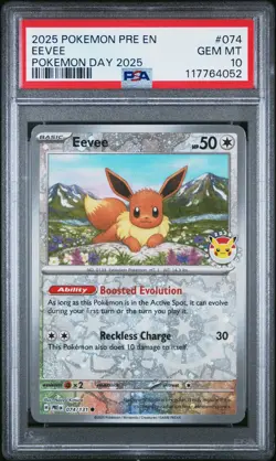 2025 POKEMON PRE EN-PRISMATIC EVOLUTIONS POKEMON DAY 2025 #074 EEVEE PSA 10 - Image 1