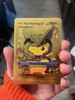 Pikachu Mega Rayquaza Tag Cosplay Gold Foil Pokemon Card Fan Art - Image 1