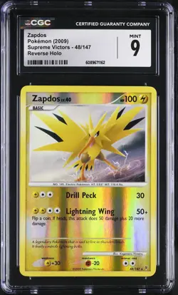 CGC 9 MINT Zapdos 2009 Supreme Victors 48/147 Reverse Holo Pokemon Card - Image 1