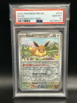 2025 Pokemon Pre EN Prismatic Evolutions Eevee #074 Pokemon Day 2025 PSA 10 - Image 1
