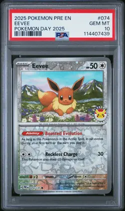 2025 POKEMON PRE EN-PRISMATIC EVOLUTIONS POKEMON DAY 2025 #074 EEVEE PSA 10 - Image 1