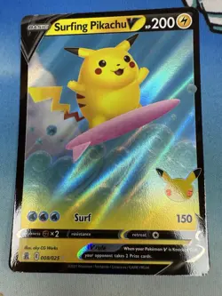 Surfing Pikachu V 008/025 Celebrations 25th Anniversary Full Art Pokemon Card - Image 1