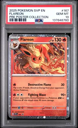 2025 POKEMON PRISMATIC EVOLUTIONS POSTER COLLECTION #167 FLAREON PSA 10 - Image 1