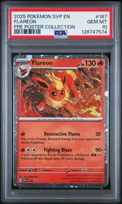 2025 POKEMON PRISMATIC EVOLUTIONS POSTER COLLECTION #167 FLAREON PSA 10 - Image 1