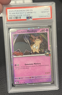 Pokemon TCG Team Rocket's Mimikyu DRI Prerelease STAFF 87/182 PSA 10 GEM MINT 💎 - Image 1