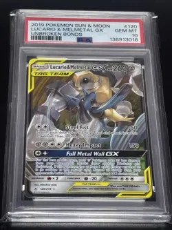 2019 POKEMON SUN & MOON UNBROKEN BONDS #120 LUCARIO & MELMETAL GX PSA 10 - Image 1