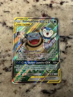 Pokemon Blastoise & Piplup GX TAG TEAM Ultra Rare Holo 215/236 Cosmic Eclipse - Image 1