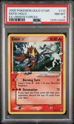 2005 Pokemon EX Unseen Forces Entei Gold Star #113 Holo PSA 8 - Image 1