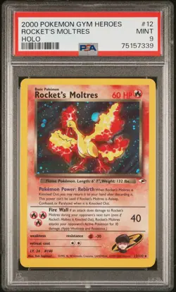 Rocket's Moltres 12/132 Holo Gym Heroes Pokemon PSA 9 Vintage GRADED CARD - Image 1