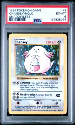 1999 POKEMON BASE SET SHADOWLESS #3 CHANSEY-HOLO PSA 6 - Image 1