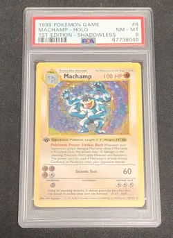 1999 Pokemon Game Base Set 8/102 Machamp 1st Edition Holo Shadowless PSA 8 NM - Image 1