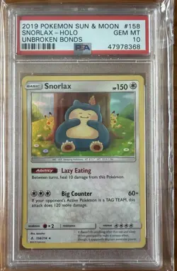 Pokemon Snorlax Holo Sun & Moon Unbroken Bonds 158/214 PSA 10 Gem Mint LOW POP - Image 1