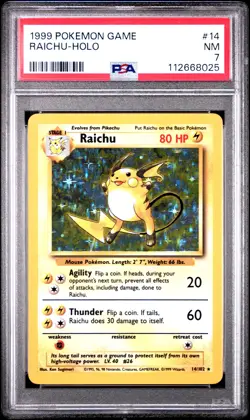 1999 POKEMON BASE SET UNLIMITED #14 RAICHU-HOLO PSA 7 - Image 1