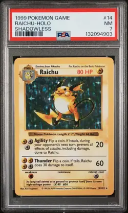 1999 POKEMON GAME SHADOWLESS #14 RAICHU-HOLO PSA 7 - Image 1