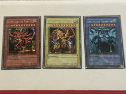 Yugioh Egyptian God Cards Obelisk, Ra GBI SECRETS Plus YMA Slifer. All Damaged - Image 1