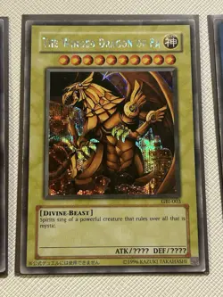 Yugioh Egyptian God Cards Obelisk, Ra GBI SECRETS Plus YMA Slifer. All Damaged - Image 2