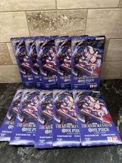10 x One Piece OP14 - THE AZURE SEA’S SEVEN - Sleeved Blister Booster Packs Lot - Image 1