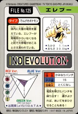Electabuzz Carddass 1997 Vintage Pokemon Pocket Monsters Vending Card B2 - Image 2