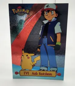 1999 Topps Pokemon #TV1 Ash Ketchum Pikachu Foil Trading Card 2nd print - Image 1