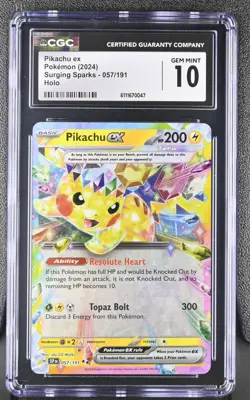 Pokemon Pikachu EX Card 057/191 Surging Sparks 2024 SSP Holo TCG CGC 10 Gem Mint - Image 1