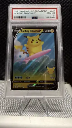 2021 POKEMON CELEBRATIONS #008/025 SURFING PIKACHU V PSA 10 - Image 1