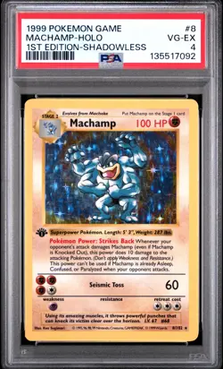 1999 POKEMON BASE SET 1ST EDITION SHADOWLESS #8 MACHAMP-HOLO PSA 4 - Image 1