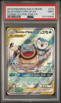 2019 POKEMON SUN & MOON COSMIC ECLIPSE #215 FULL ART/BLASTOISE E PIPLUP GX PSA 9 - Image 1