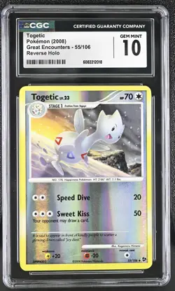 CGC 10 GEM MINT Togetic 2008 Great Encounters 55/106 Reverse Holo Pokemon Card - Image 1