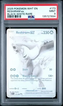 2025 POKEMON WHT EN-WHITE FLARE BLACK WHITE RARE #173 RESHIRAM EX PSA 9 - Image 1