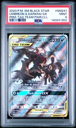 2020 POKEMON SM BLACK STAR PROMO TAG TEAM POWERS COLL UMBREON & DARKRAI GX PSA 9 - Image 1