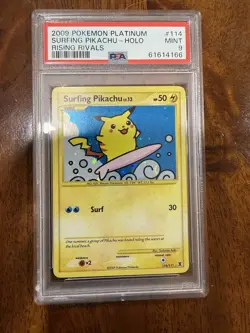 2009 POKEMON PLATINUM RISING RIVALS #114 SURFING PIKACHU-HOLO PSA 9 - Image 1