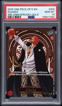 2025 ONE PIECE OP13-CARRYING ON HIS WILL 3RD ANNIV-GOLD #004 SHANKS PSA 10 - Image 1