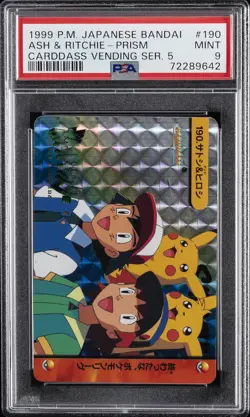 1999 POKEMON JPN BANDAI CARDDASS VENDING SER 5 #190 ASH & RITCHIE-PRISM PSA 9 - Image 1