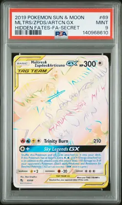 2019 POKEMON SUN & MOON HIDDEN FATES SECRET FA/MOLTRES ZAPDOS ARTICUNO GX PSA 9 - Image 1