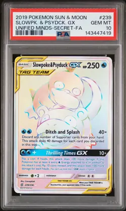 2019 POKEMON SUN & MOON UNIFIED MINDS #239 FULL ART/SLOWPOKE & PSYDUCK GX PSA 10 - Image 1