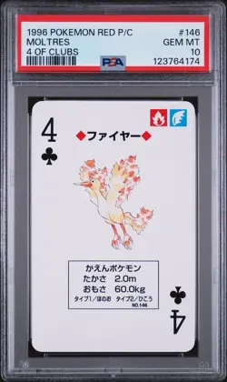 1996 POKEMON RED VERSION PLAYING CARDS 4 OF CLUBS #146 MOLTRES PSA 10 - Image 1