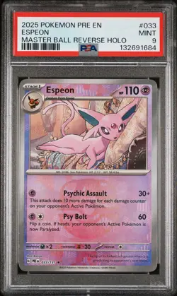 2025 POKEMON PRE EN-PRISMATIC EVOLUTIONS MASTER BALL REVERSE HOLO ESPEON PSA 9 - Image 1
