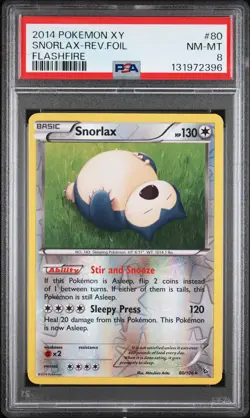 2014 POKEMON XY FLASHFIRE #80 SNORLAX-REVERSE FOIL PSA 8 - Image 1