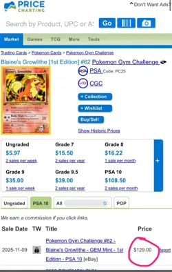 Blaine's Growlithe GRADED 10 MINT pokemon card rare old vintage first edition - Image 2