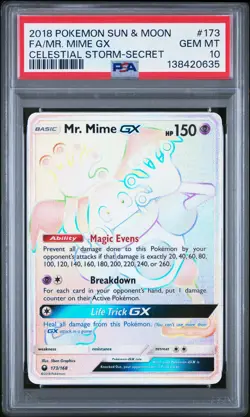 2018 POKEMON SUN & MOON CELESTIAL STORM SECRET #173 FULL ART/MR. MIME GX PSA 10 - Image 1
