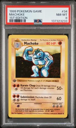 1999 POKEMON BASE SET 1ST EDITION #34 MACHOKE PSA 8 - Image 1