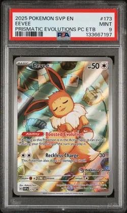 2025 POKEMON PRISMATIC EVOLUTIONS POKEMON CENTER ETB PROMO #173 EEVEE PSA 9 - Image 1