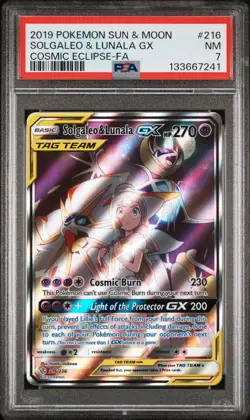 2019 POKEMON SUN & MOON COSMIC ECLIPSE #216 FULL ART/SOLGALEO & LUNALA GX PSA 7 - Image 1