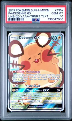 2019 POKEMON SUN & MOON UNBROKEN BONDS #195A FULL ART/DEDENNE GX PSA 10 - Image 1