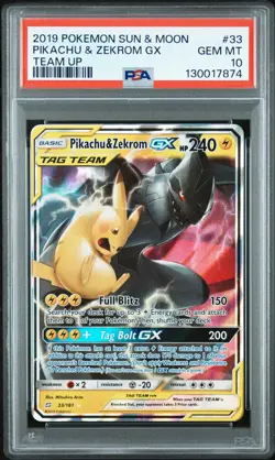 2019 POKEMON SUN & MOON TEAM UP #33 PIKACHU & ZEKROM GX PSA 10 - Image 1